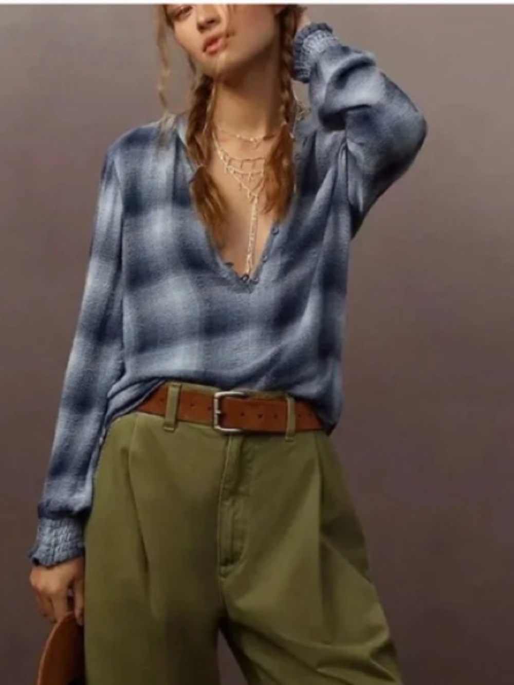 cloth & stone Small Light Blue Plaid Henley Top